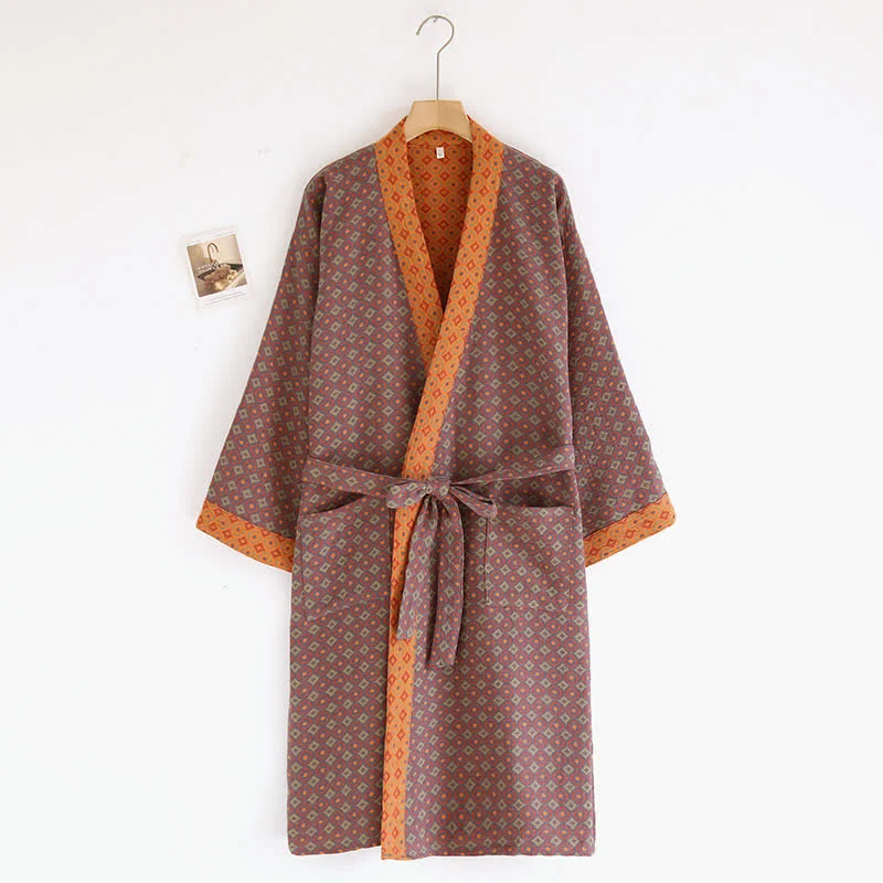Kimono-Bademantel aus Baumwollgaze mit Rautenmuster