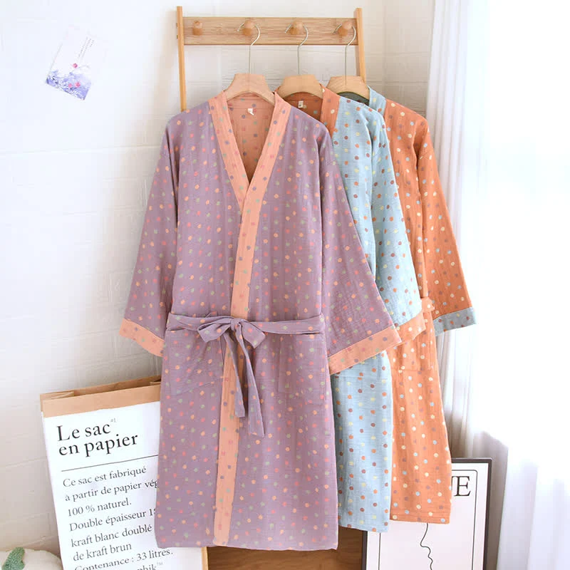 Kimono-Bademantel aus Baumwollgaze mit bunten Punkten