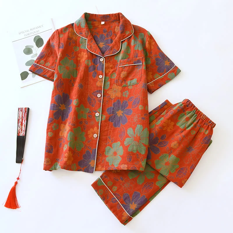 Kurzarm-Pyjama-Set aus Baumwolle mit Jacquard-Blumenmuster