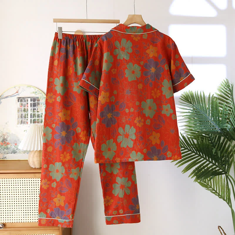 Kurzarm-Pyjama-Set aus Baumwolle mit Jacquard-Blumenmuster