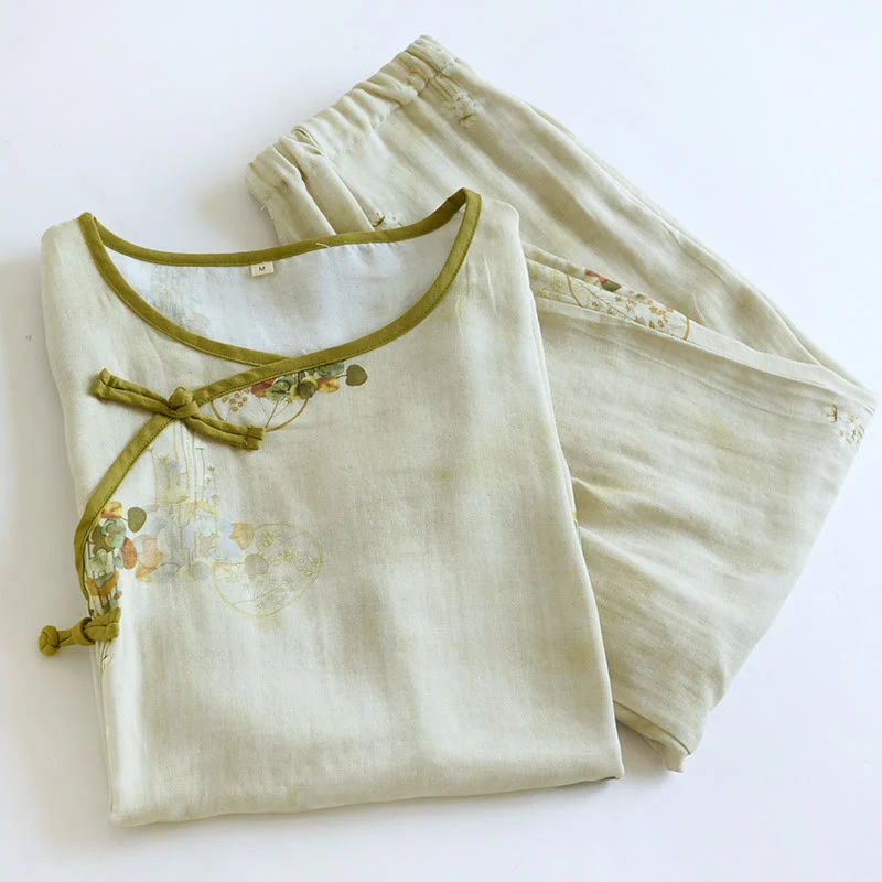 Gewebtes Loungewear-Set mit kurzen Ärmeln und Blumenmuster