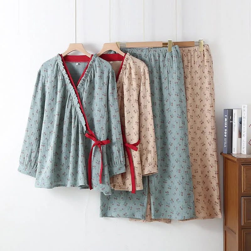 Kimono Rural Rose Pyjama-Set aus Baumwollgaze