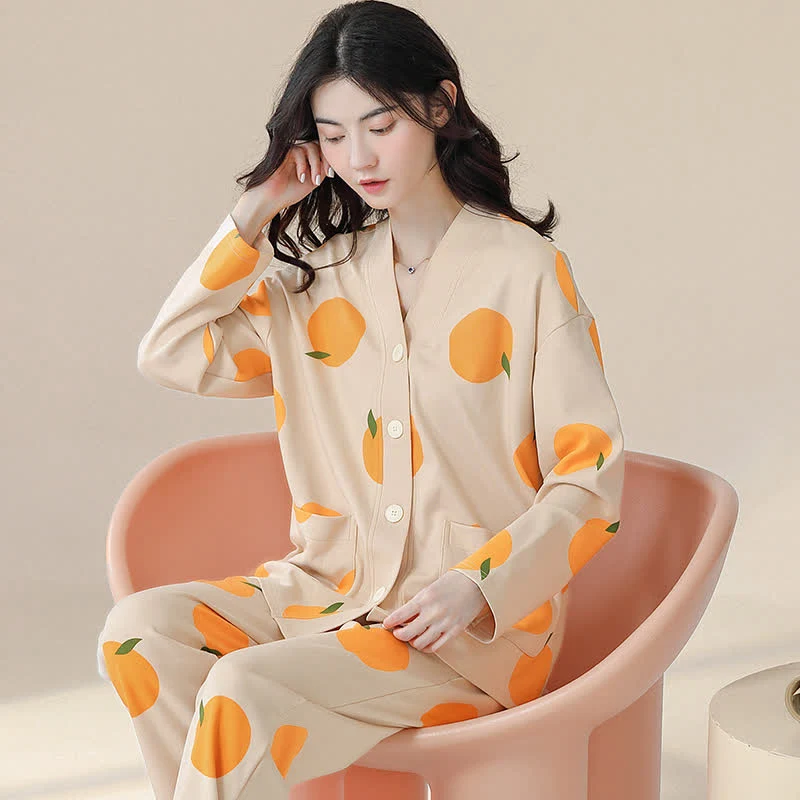 Ländliches Pyjama-Set aus Baumwolle mit V-Ausschnitt in Orange