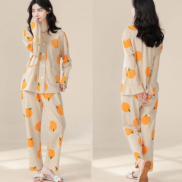 Ländliches Pyjama-Set aus Baumwolle mit V-Ausschnitt in Orange
