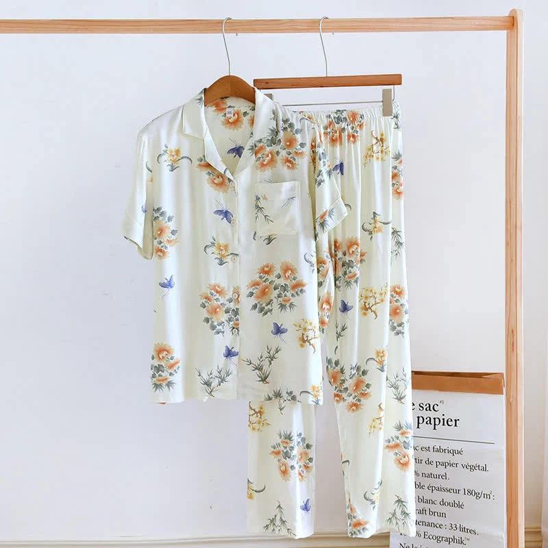 Satin-Pyjama-Set im ländlichen Stil mit kurzen Ärmeln
