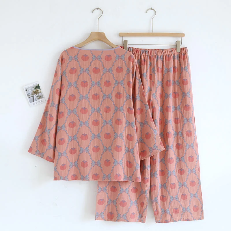 Garngefärbtes Jacquard-Pyjama-Set aus persimmonfarbener Baumwolle