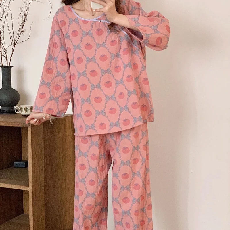 Garngefärbtes Jacquard-Pyjama-Set aus persimmonfarbener Baumwolle