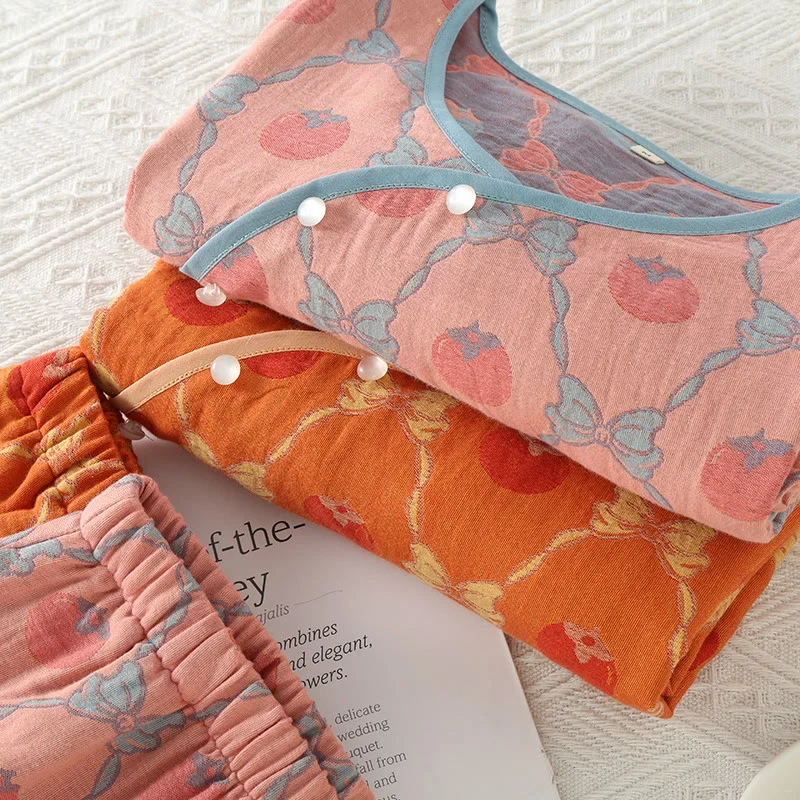 Garngefärbtes Jacquard-Pyjama-Set aus persimmonfarbener Baumwolle