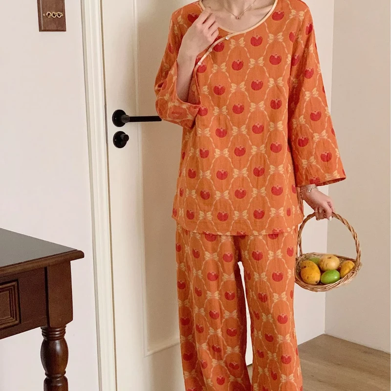 Garngefärbtes Jacquard-Pyjama-Set aus persimmonfarbener Baumwolle