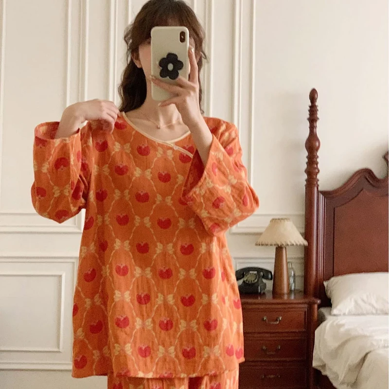 Garngefärbtes Jacquard-Pyjama-Set aus persimmonfarbener Baumwolle