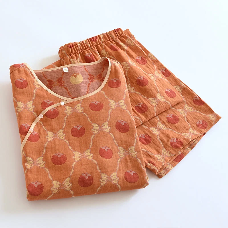 Garngefärbtes Jacquard-Pyjama-Set aus persimmonfarbener Baumwolle