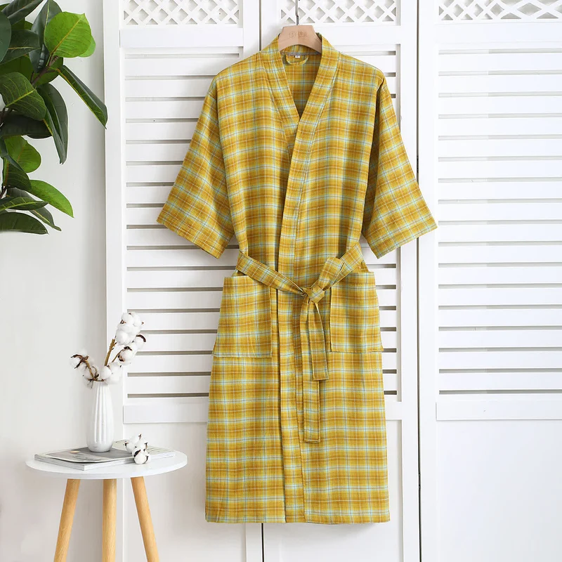 Karierter Bademantel aus Baumwollgaze-Jacquard