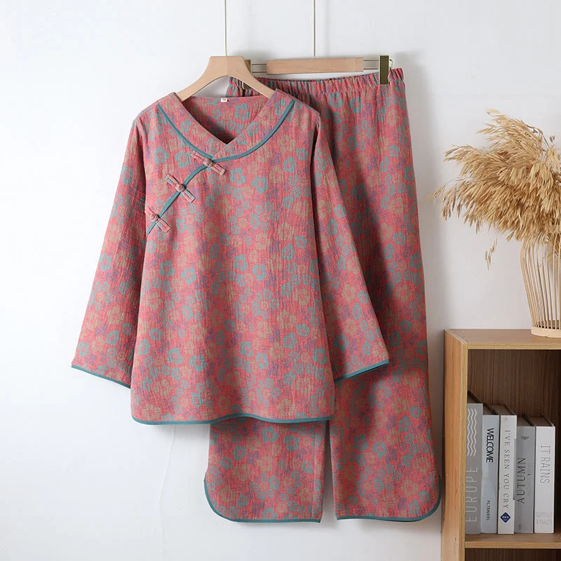 Loungewear-Set aus Baumwollgaze mit Blumenmuster und Froschverschluss