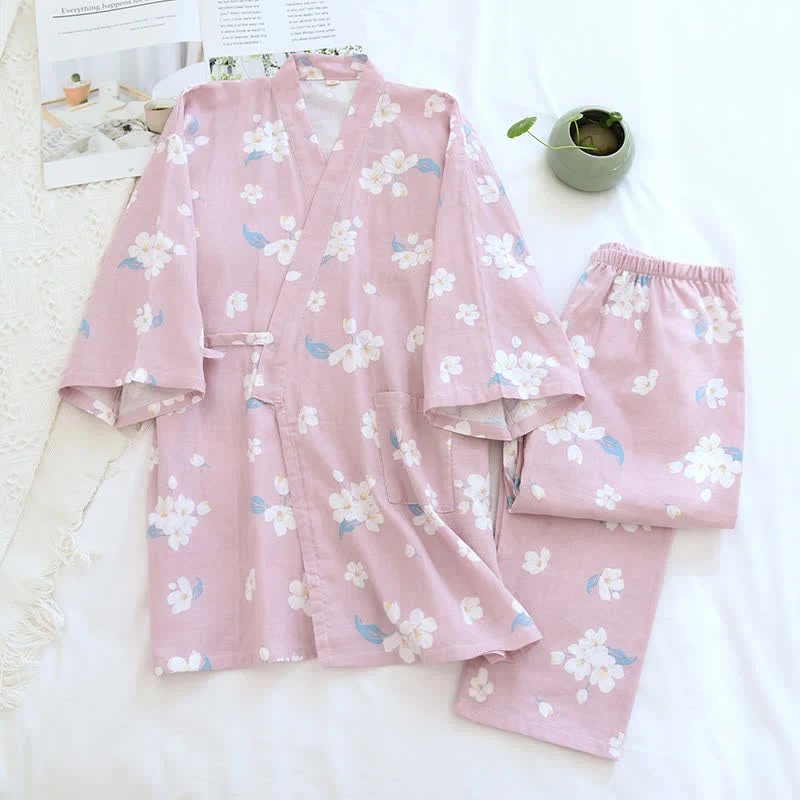 Pyjama-Set aus Baumwollgaze mit V-Ausschnitt und Blumenmuster