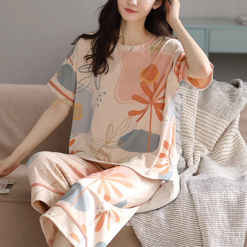 Loungewear-Set aus Baumwolle mit Blumen- und Blattmuster