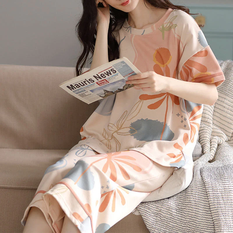 Loungewear-Set aus Baumwolle mit Blumen- und Blattmuster