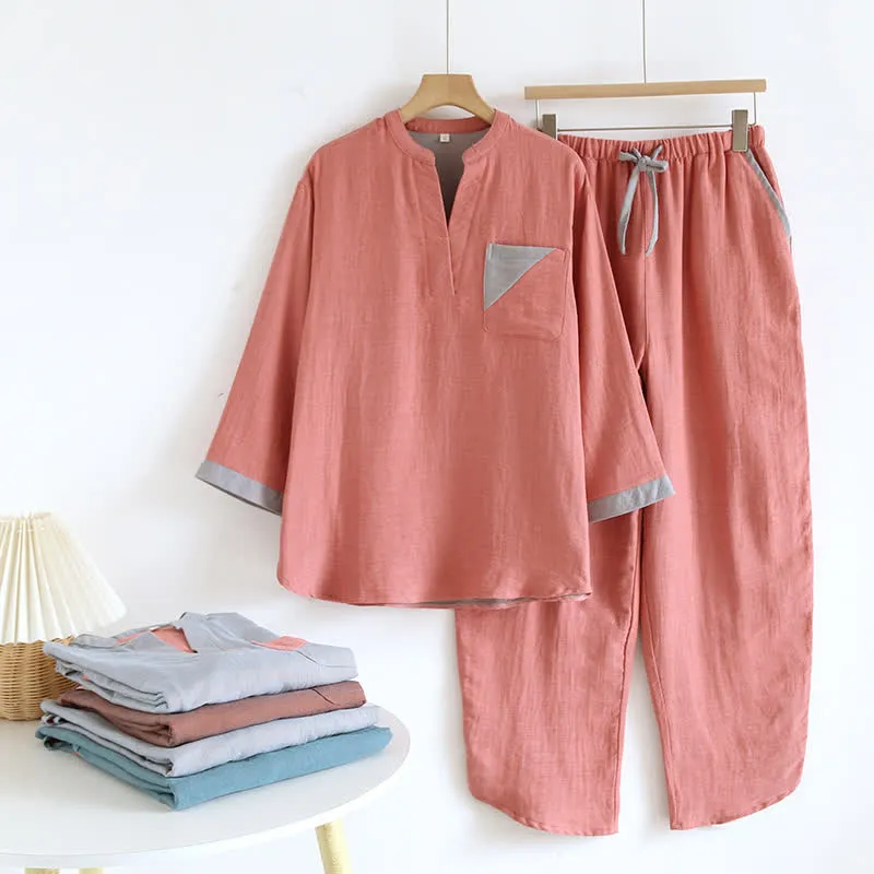 Doppellagiges Pyjama-Set aus Baumwollgaze mit Farbblockdesign