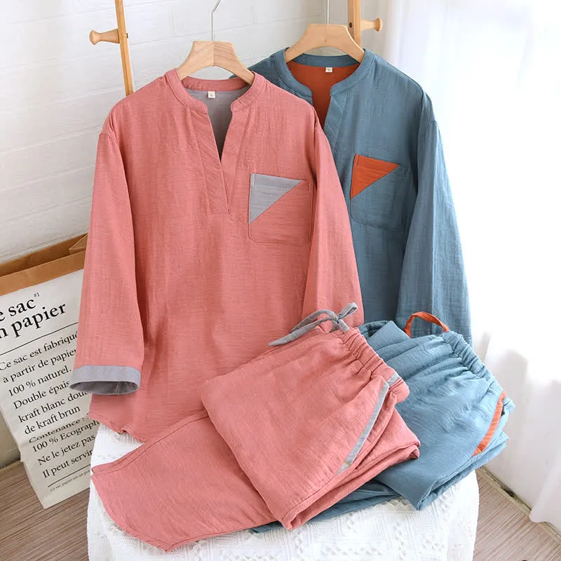 Doppellagiges Pyjama-Set aus Baumwollgaze mit Farbblockdesign
