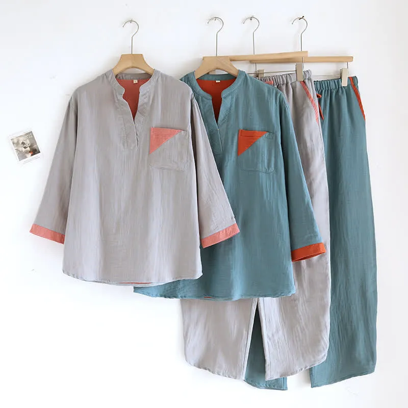 Doppellagiges Pyjama-Set aus Baumwollgaze mit Farbblockdesign