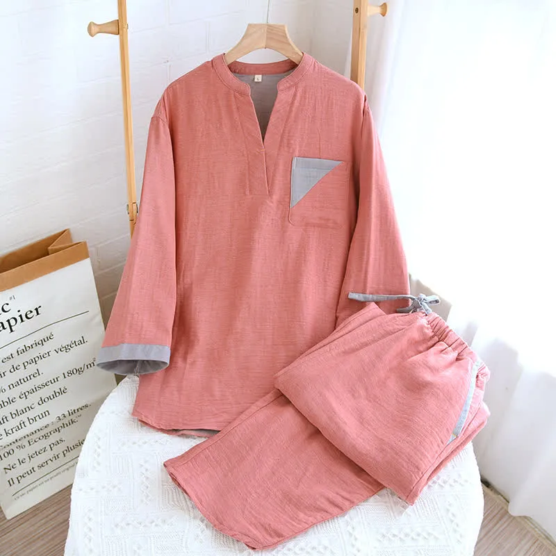 Doppellagiges Pyjama-Set aus Baumwollgaze mit Farbblockdesign