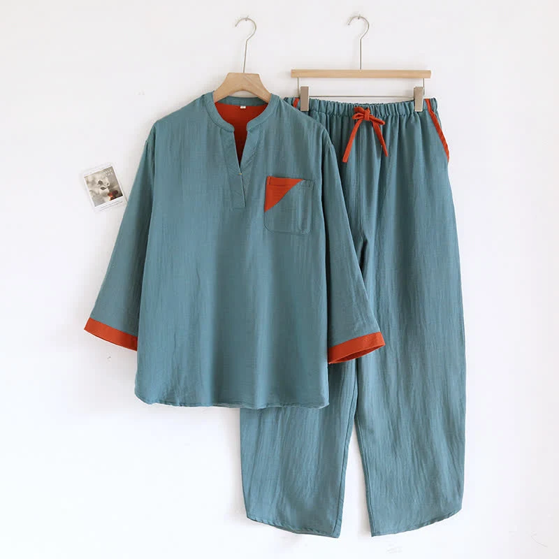 Doppellagiges Pyjama-Set aus Baumwollgaze mit Farbblockdesign