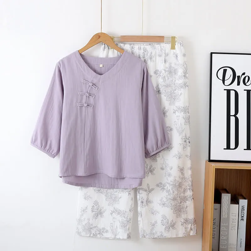 Pyjama-Set aus Baumwolle mit Blumenmuster und Dreiviertelärmeln