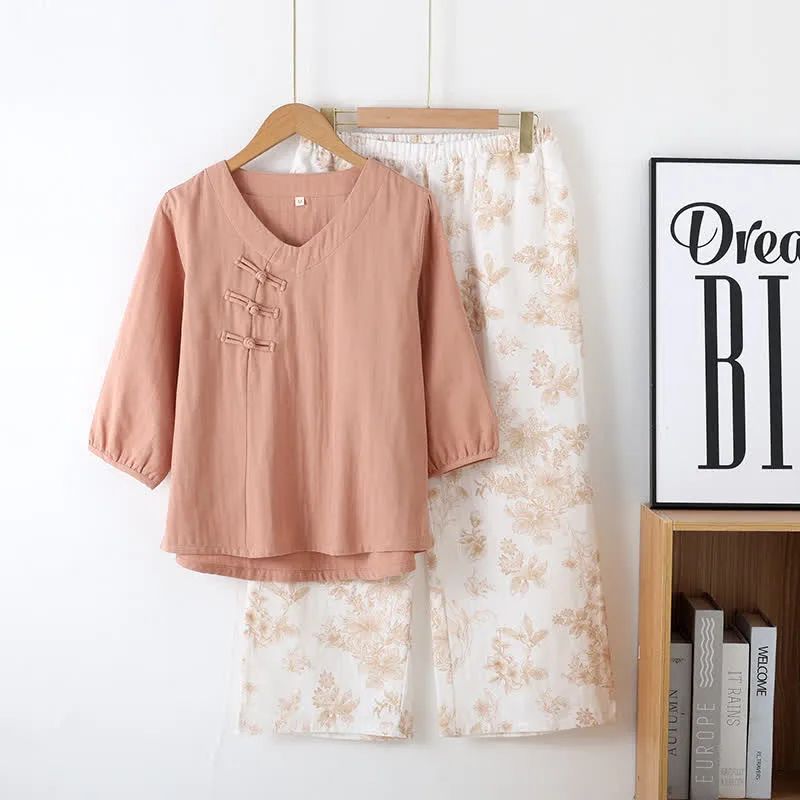 Pyjama-Set aus Baumwolle mit Blumenmuster und Dreiviertelärmeln