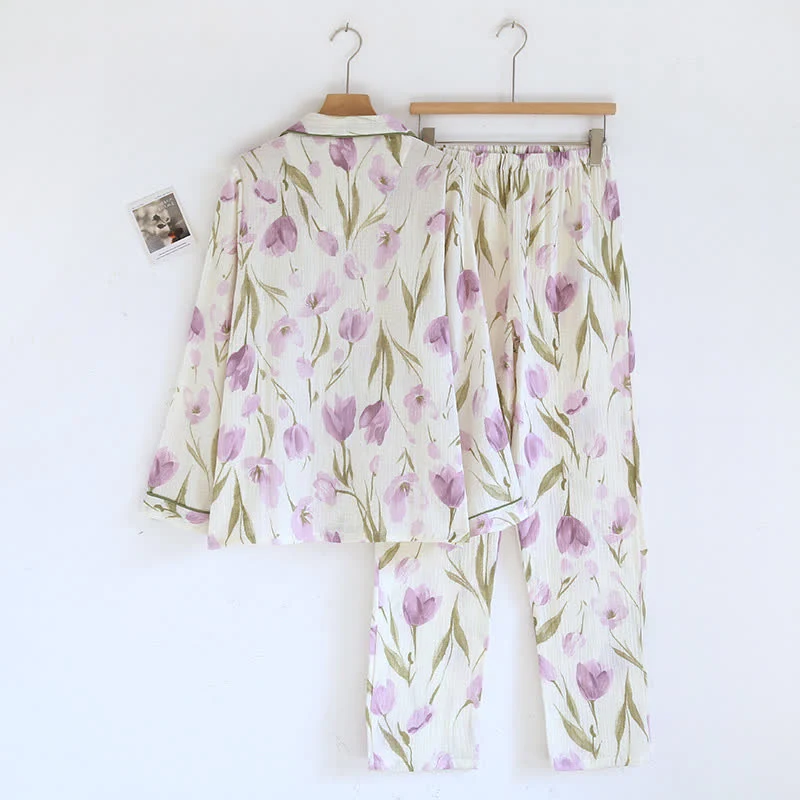 Jacquard-Pyjama-Set aus Baumwollgaze mit Tulpenmuster und Revers
