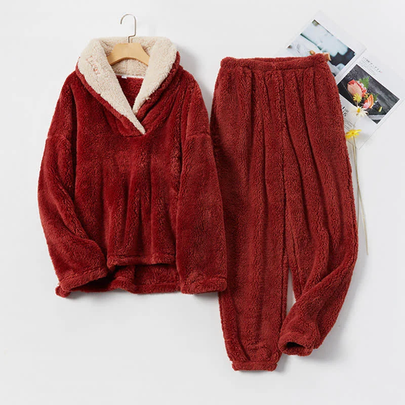 Ownkoti Schlichtes, warmes Loungewear-Set mit V-Ausschnitt für den Winter