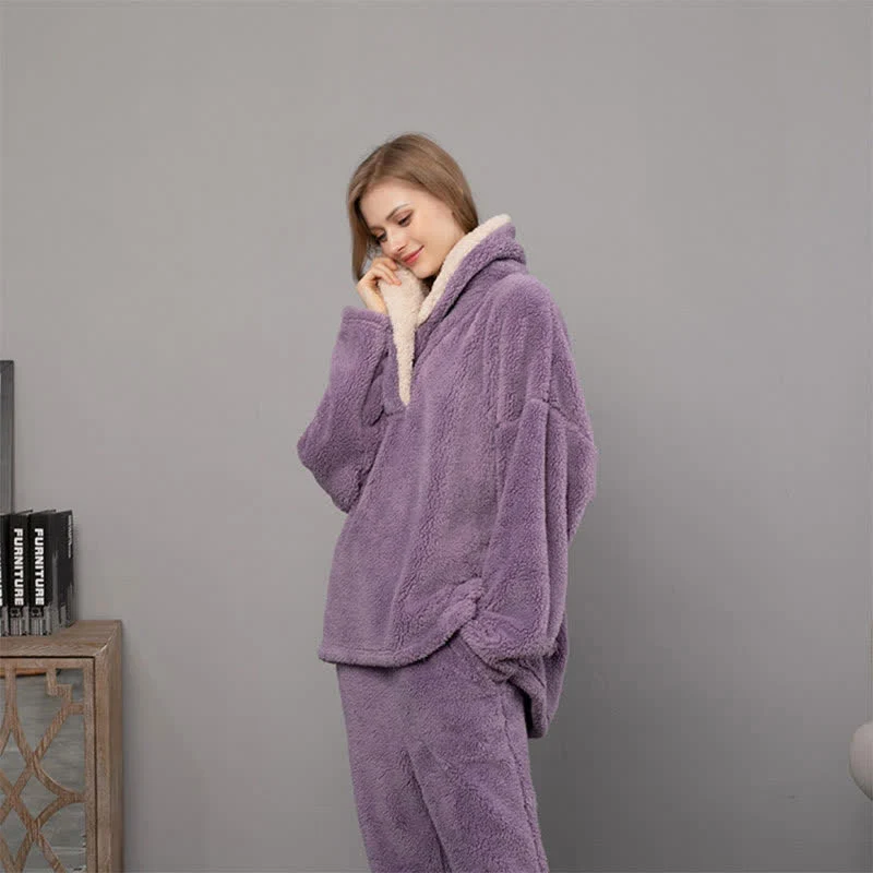 Ownkoti Schlichtes, warmes Loungewear-Set mit V-Ausschnitt für den Winter