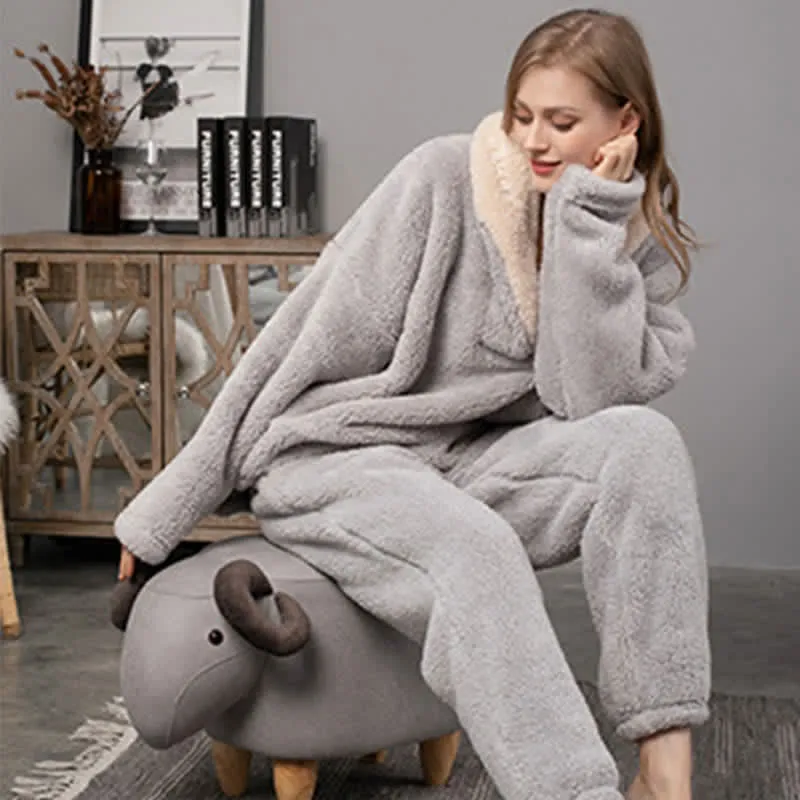 Ownkoti Schlichtes, warmes Loungewear-Set mit V-Ausschnitt für den Winter