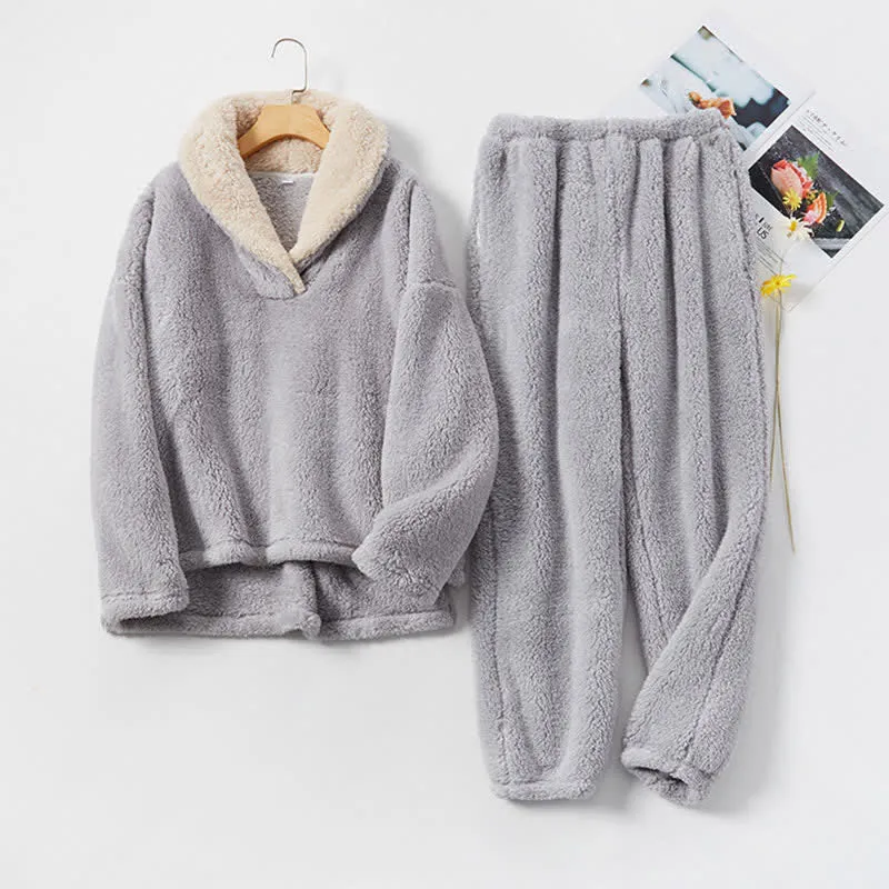 Ownkoti Schlichtes, warmes Loungewear-Set mit V-Ausschnitt für den Winter