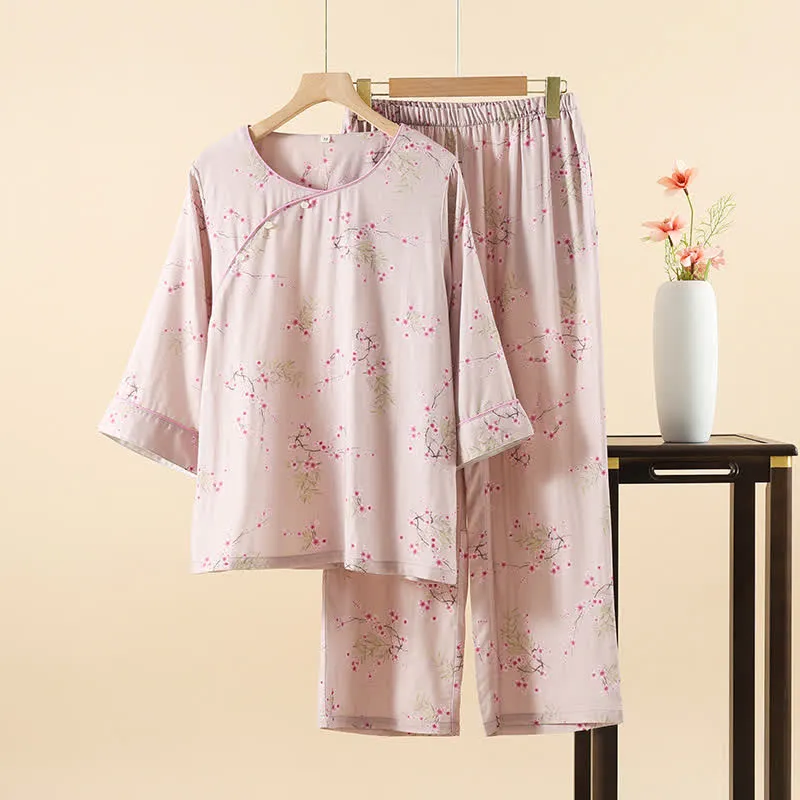 Pyjama-Set aus Bambus-Baumwolle mit Vintage-Pflaumenblüten-Print