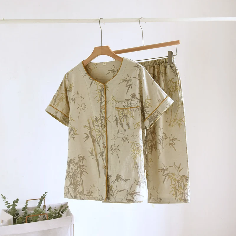 Ländliches Bambus-Cardigan-Pyjama-Set aus reiner Baumwolle