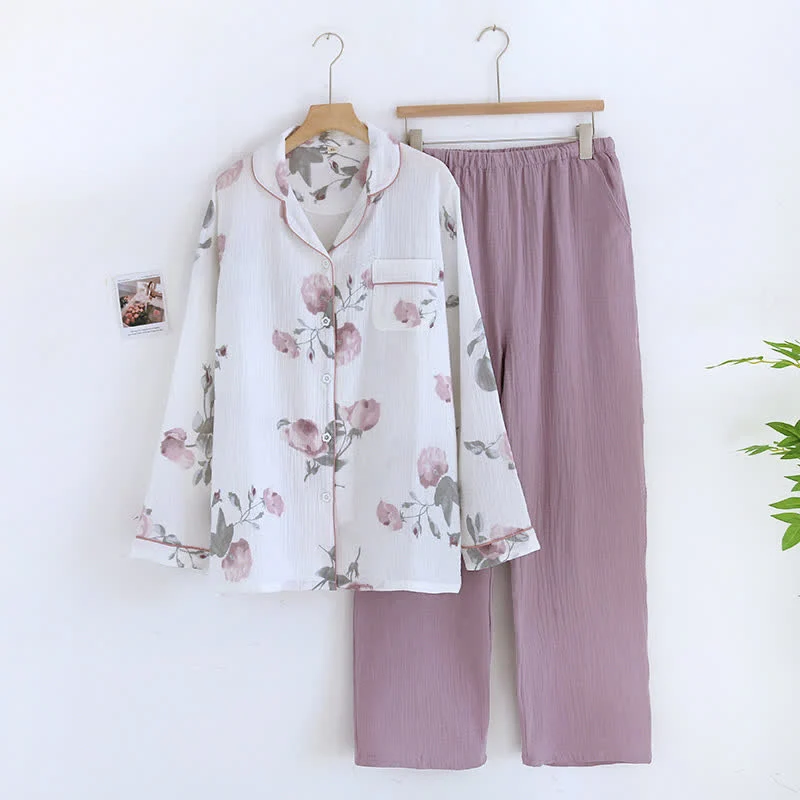 Doppellagiges Pyjama-Set aus Baumwollgaze mit Revers