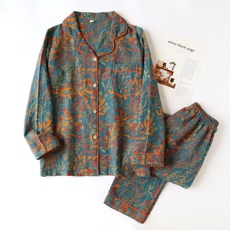 Vintage Loungewear-Set aus Baumwolle mit Blattmotiv und Revers