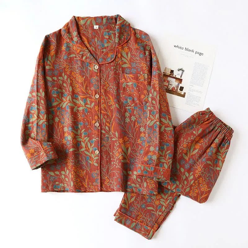 Vintage Loungewear-Set aus Baumwolle mit Blattmotiv und Revers