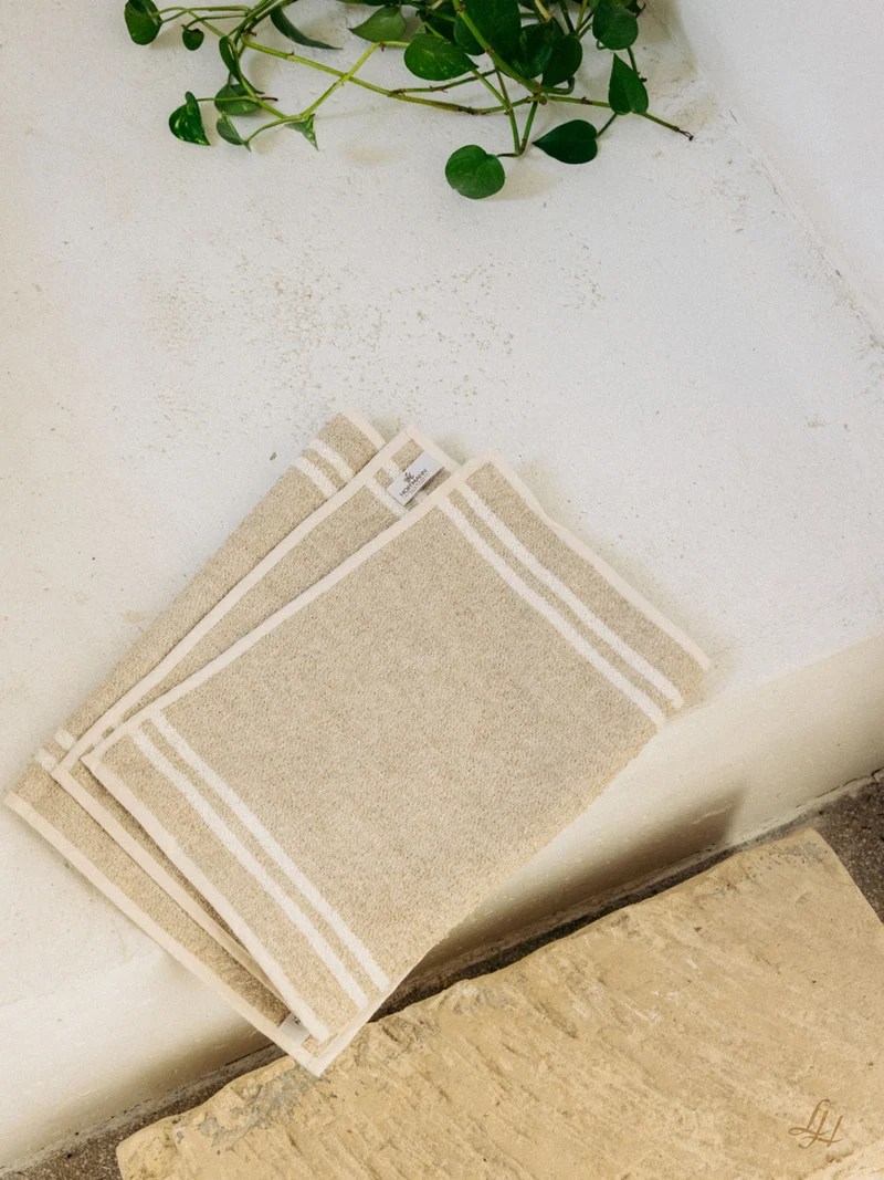 Waschlappen aus Leinenfrotté-Natur mit Streifen Rohweiß