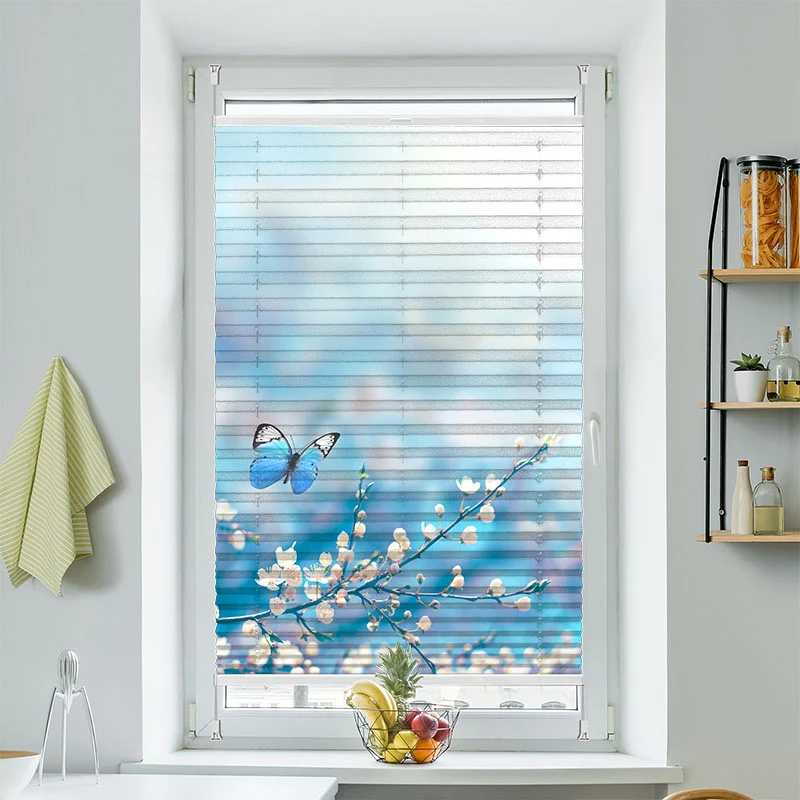 Plissee Motiv Blaue Schmetterlinge Kirschblüten