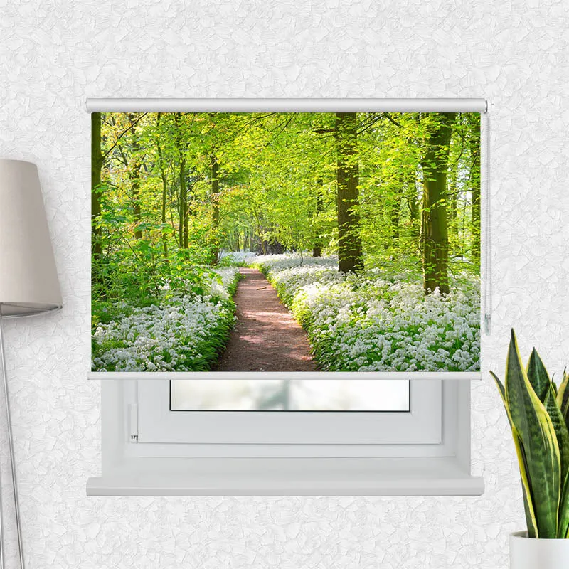 Motivrollo 'Waldweg mit Blumen' | Bis B 430 x H 440 cm
