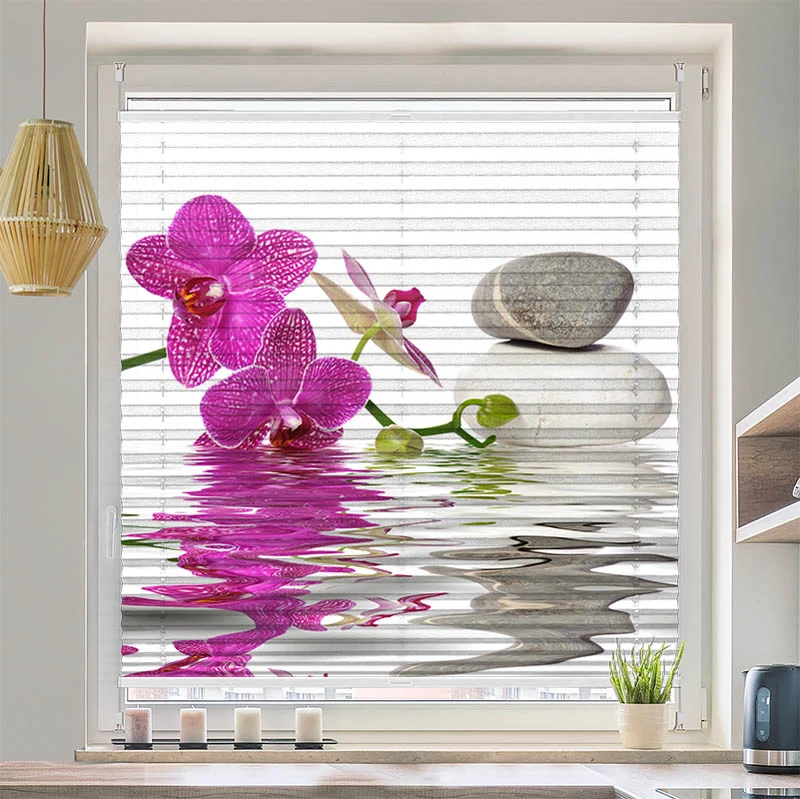Wabenplissee Motiv "Wasser Orchidee Steine"