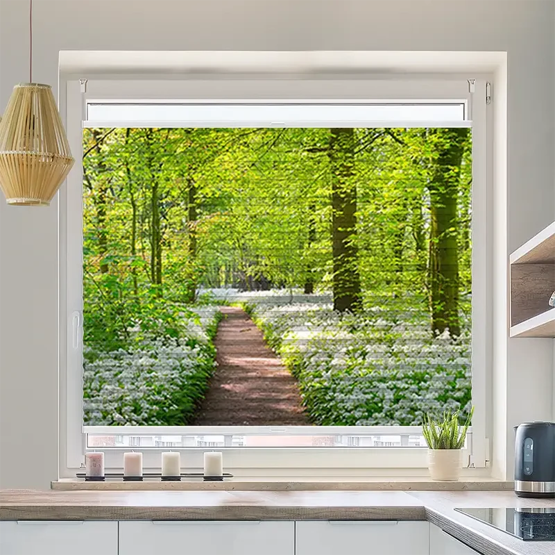 Wabenplissee Motiv "Waldweg mit Blumen"