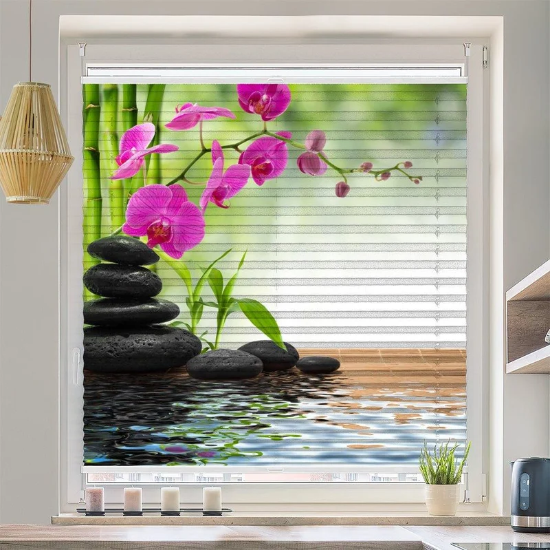 Wabenplissee Motiv "Schwarze Steine Orchidee"