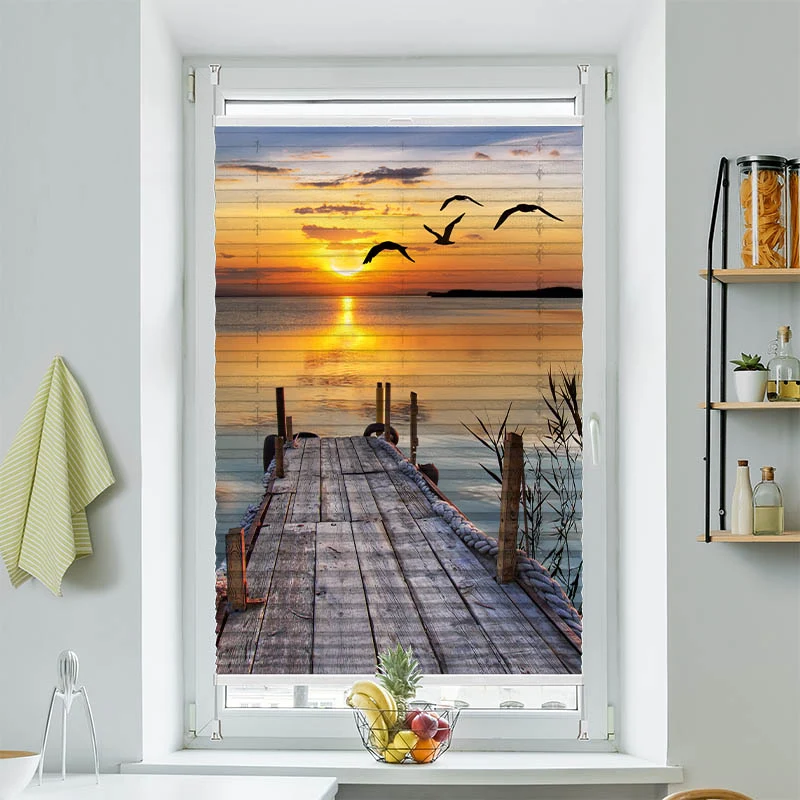 Wabenplissee Motiv "See Steg Sonnenuntergang"