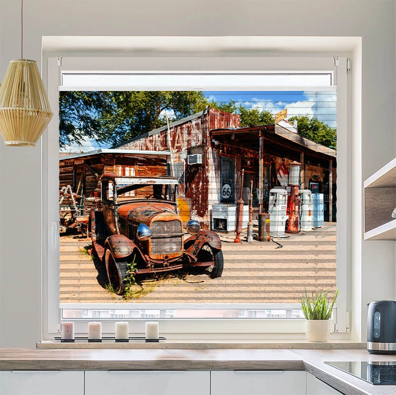 Wabenplissee Motiv "Verlassene Tankstelle an der Route 66"