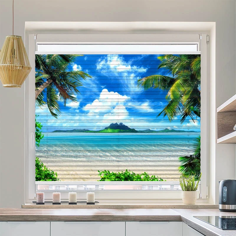 Wabenplissee Motiv "Palmen Insel Meer"