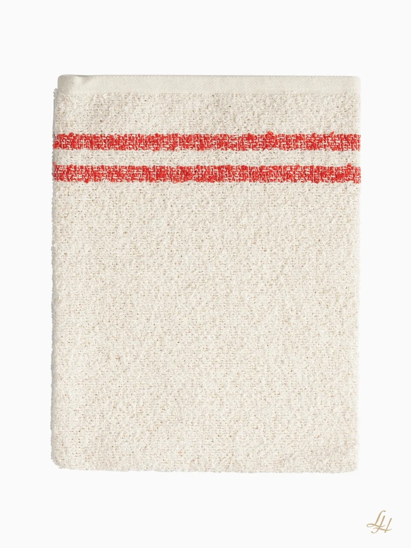 Waschhandschuh aus Leinenfrotté-Cremeweiß mit Farbstreifen