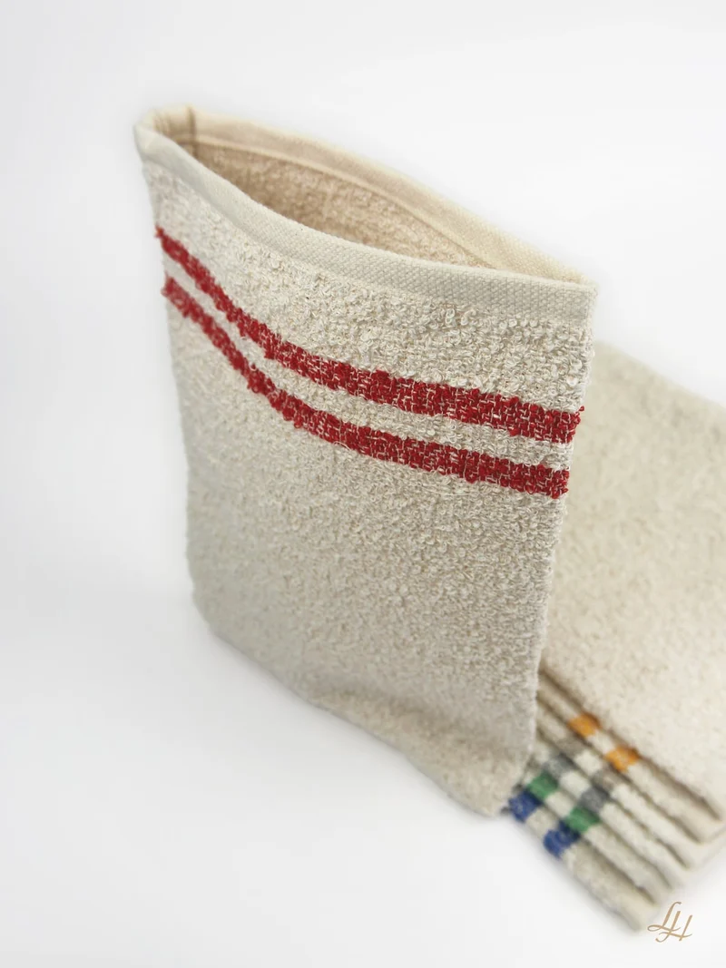 Waschhandschuh aus Leinenfrotté-Cremeweiß mit Farbstreifen
