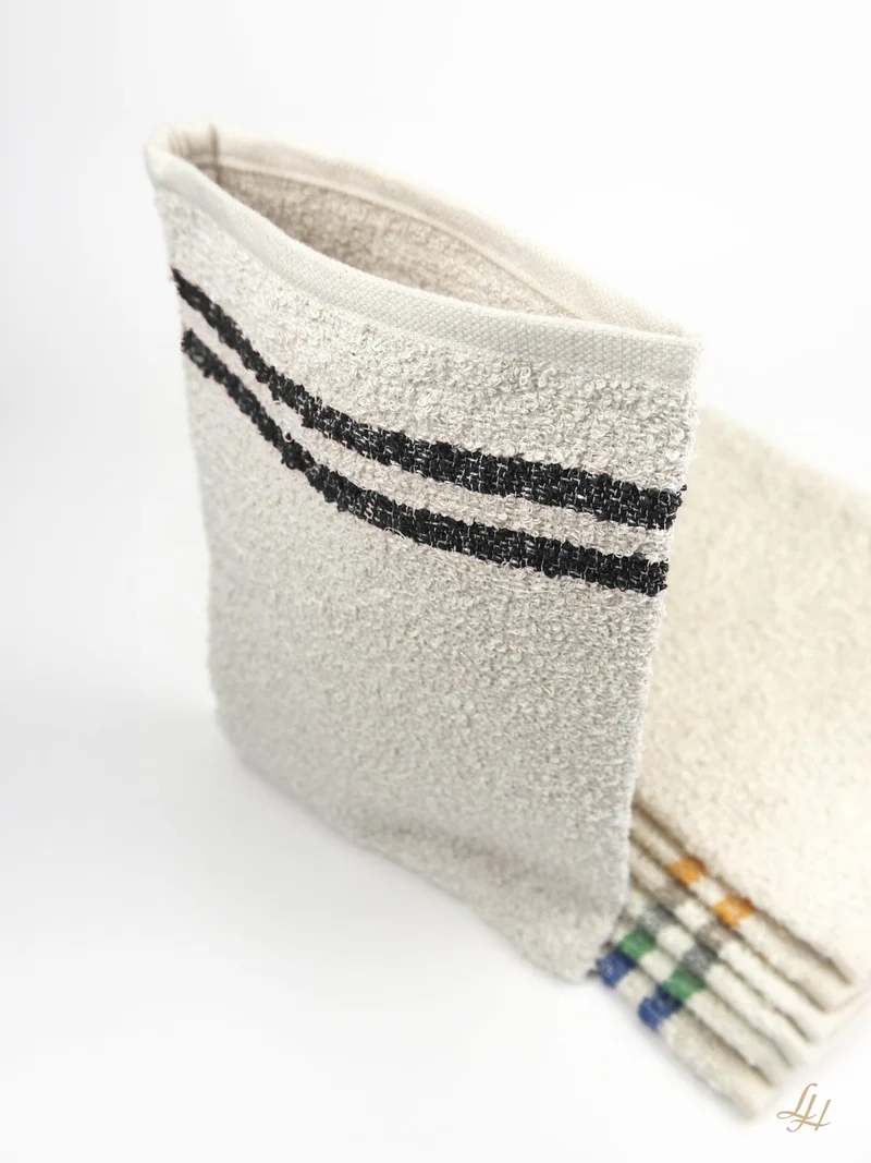 Waschhandschuh aus Leinenfrotté-Cremeweiß mit Farbstreifen