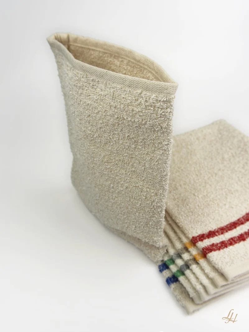 Waschhandschuh aus Leinenfrotté-Cremeweiß mit Farbstreifen